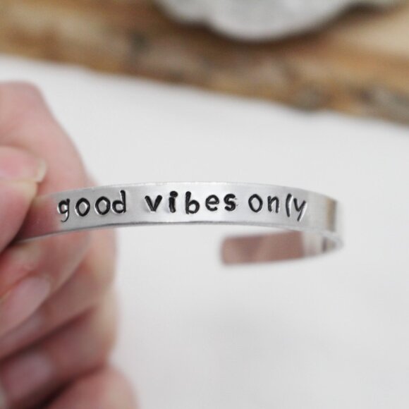 Good Vibes Only - Hand Stamped Anodized Aluminum Bangle - Adjustable - Picture 5 of 11